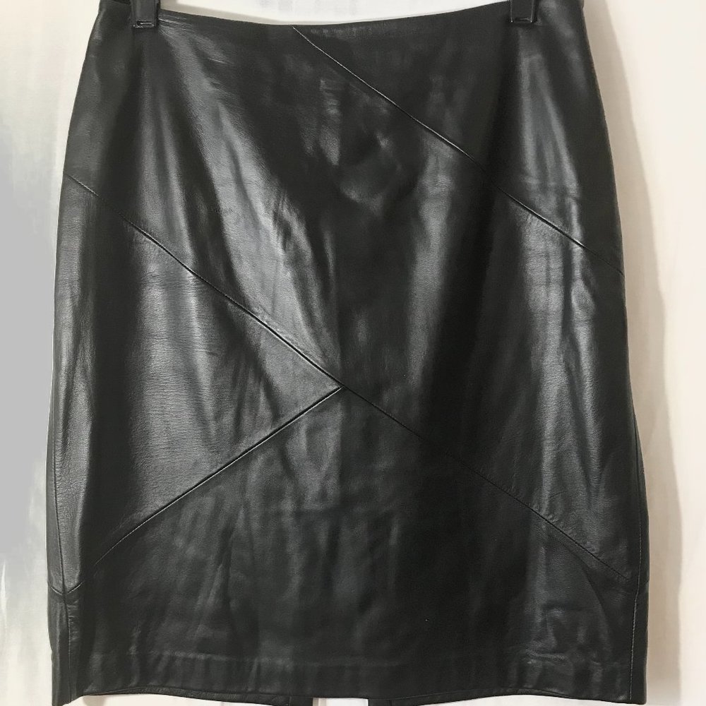 Valerie Stevens, Leather skirt, lined with back kick slit, black, size 6